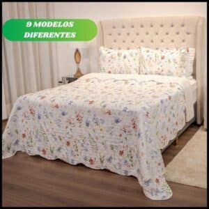 Kit Colcha Cobre Leito Casal Queen King 3 Peças Estampada Florida Matelado Boutis Percal Cama Box