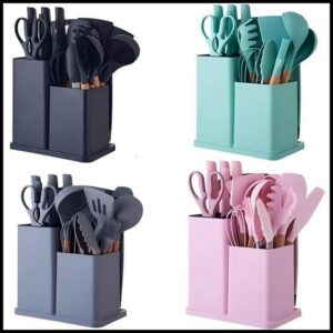 Kit Conjunto 19 Pçs De Utensílios Facas Silicone e Plástico Cozinha Jogo Completo Batedeira Colher Pegador