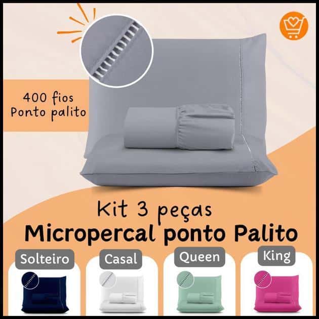 Kit Jogo Lençol Cama Box Casal Queen Solteiro e King 400 fios Micropercal 3 Pçs Ponto Palito Fronhas