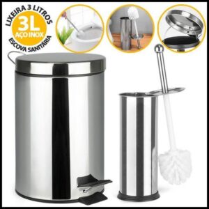 Kit de Banheiro Lixeira de Aço Inox Cesto De Lixo 3 5 Litros 100% C/Pedal + Escova Sanitária Suporte Privada Sanitário
