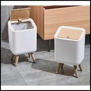 Lixeira Com Tampa De Pressão Moderna E Pés De Madeira