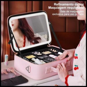 Mala de Maquiagem Profissional TADA - Organizadora Completa com Espelho LED, Couro (Preto/Rosa) - Ideal para Maquiadora