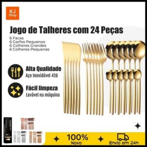 Novo Kit 24 Peças Talheres Dourado Aço Inox 416 para Festas, Casa e Restaurantes Garfo, Colher, Faca