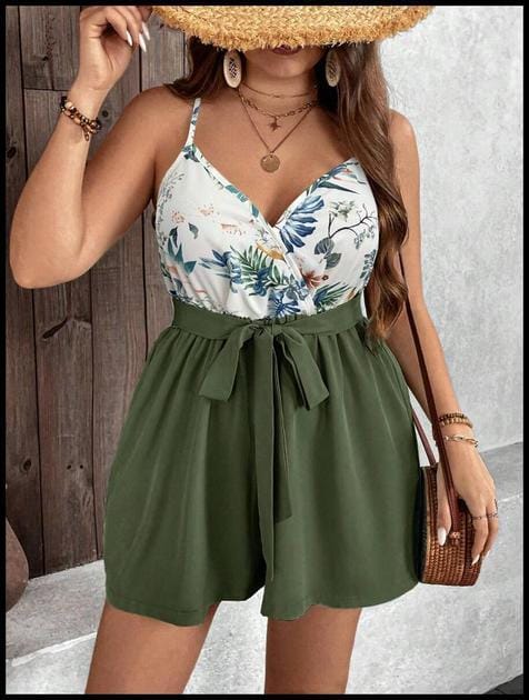 SHEIN Holidaya Macacão Sem Mangas Estampado com Flores e Cinto, Tamanhos Grandes