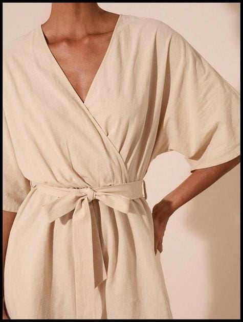 Travachic Macacão Casual Feminino de Cor Sólida com Decote em V Cruzado, Manga Morcego e Cinto