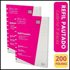 KIT 2 Refil Caderno Inteligente Grande Pautado 90g Compativel 200x275mm Refil Caderno de 11 Discos Furos 200fls