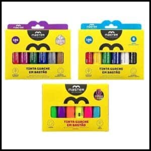 Tinta Guache em BASTÃO 6 Cores NEON - METÁLICA - CORES PRIMÁRIAS - Retrátil - Lavavél e Não Tóxico