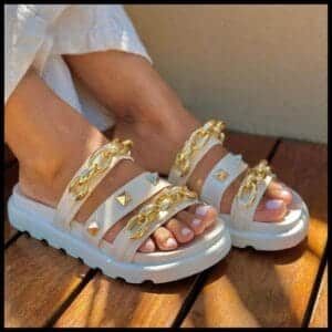 Birken Papete Sandália Conforto Feminina Luxo Corrente Spike Dourada