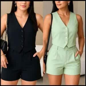 CONJUNTO FEMININO SOCIAL EN ALFAIATARIA PERFEITO PARA TRABALHO OU PASSEIO COLETE E SHORTS