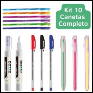 Kit 10 Canetas Coloridas Esferografica Marca Texto Caneta Corretiva Fine Line Ponta Fina