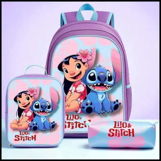 Kit Mochila Infantil Menina Feminina + Lancheira Térmica + Estojo Lilo e Stitch - Envio Imediato