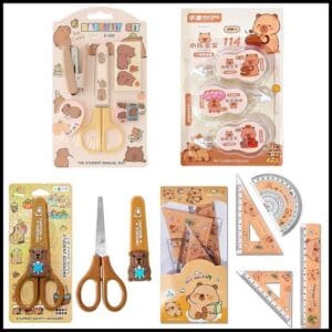 Kit Escolar Manual Capivara Feliz Kawaii Desenho Animado Infantil Conjunto Materiais Régua Grampeador Tesoura Corretivos