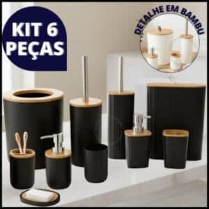 Kit Banheiro Completo Lixeira C/ Tampa Detalhes Em Bambu Luxo