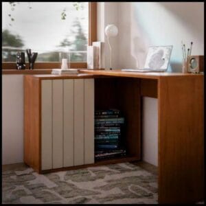 Mesa Escrivaninha De Canto Home Office Com Nichos E Porta Ripada MDF MDP Para Computador E Estudos