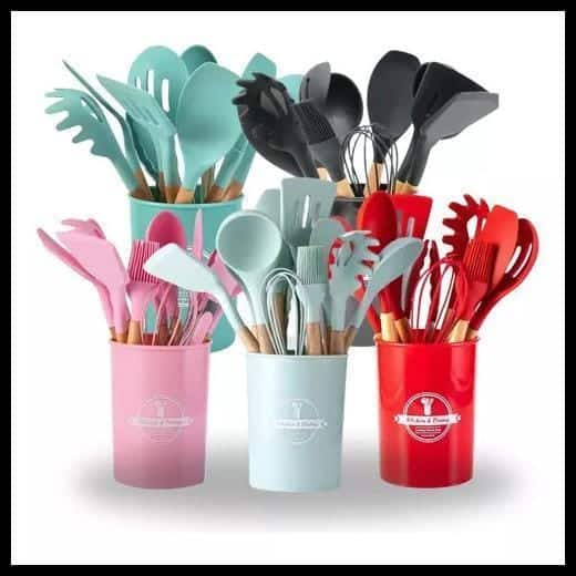 Kit Jogo de Cozinha Silicone, Utensílios e Copo Suporte para Cozinheiro Cabo de Madeira MasterChef