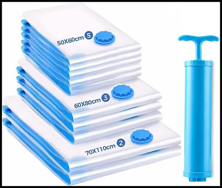 10 Sacos de Armazenamento a Vácuo Com Bomba (2 Grandes/3 Médios/5 Pequenos)