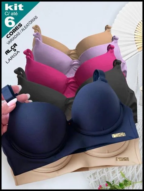 Kit Até 6 Sutiãs Feminino Básico Alça Larga Poliamida Bojo P e M c/ Bolha Sutiãs Lingerie Feminina Sutien