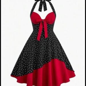 Sweetra Vestido Romântico Retrô Europeu e Americano de Cintura Marcada com Estampa de Bolinhas e Decote Halter