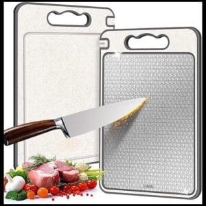 LUMAI Tábua de Corte para Cozinha Dupla Face Aço Inoxidável e PP, Superfície Higiênica para Carnes, Frutas e Vegetais, Afiador Integrado, Canaletas Antirrespingo, Base Antiderrapante e Alça Ergonômica