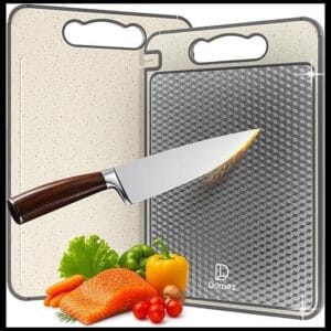 DOMEZ Tábua de Corte Inox para Cozinha Dupla Face Aço Inoxidável e PP, Superfície Higiênica para Carnes e Vegetais, Afiador Integrado, Canaletas Antirrespingo, Base Antiderrapante e Alça Ergonômica