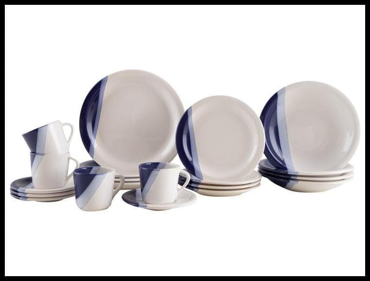 Aparelho de Jantar e Chá 20 Peças Cerâmica Brasilia Redondo Branco e Azul Cobalto Atual