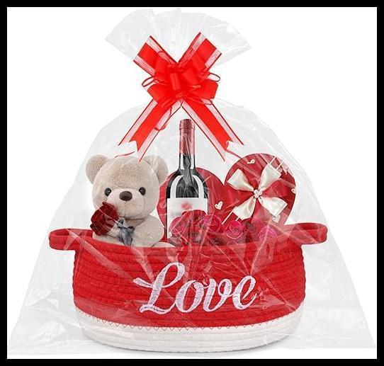 Cestas de Dia dos Namorados para presentes vazias com fitas laço e bolsa, cesta de corda tecida presente vermelho amor caixa decorativa vazia armazenamento para presentes com alças decoração