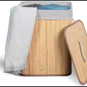 Cesto De Roupa Suja com Alças Em Bambu Com Tampa Forrado Banheiro Lavanderia Quarto