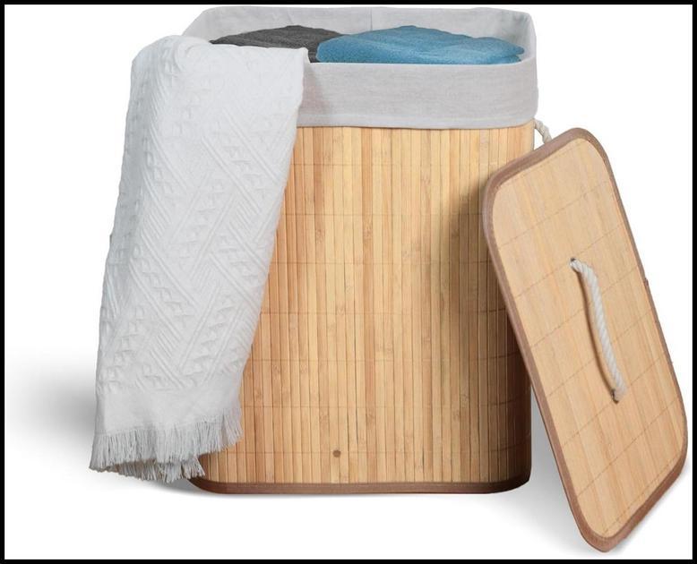 Cesto De Roupa Suja com Alças Em Bambu Com Tampa Forrado Banheiro Lavanderia Quarto