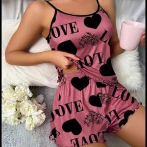 Conjunto de Pijama com Gráfico de Coração e Letra, Ribana com Contraste e Babado