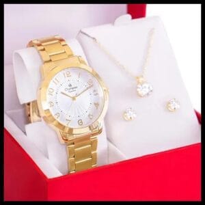 Relógio Feminino Champion Analógico CN25118W Dourado Fundo Branco Pulseira em Aço Inoxidável + Kit Colar e Brincos