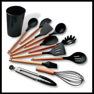 Kit C/12 Utensílios De Cozinha Silicone Cabo Madeira