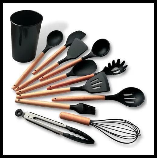 Kit C/12 Utensílios De Cozinha Silicone Cabo Madeira