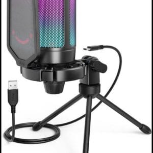 FIFINE Microfone USB Para Jogos Para PS5 PC, Microfone Condensador Com Mudo Rápido, Indicador RGB, Suporte De Tripé, Pop Filter, Suporte De Choque, Controle De Ganho Para Twitch Podcasts -A6V