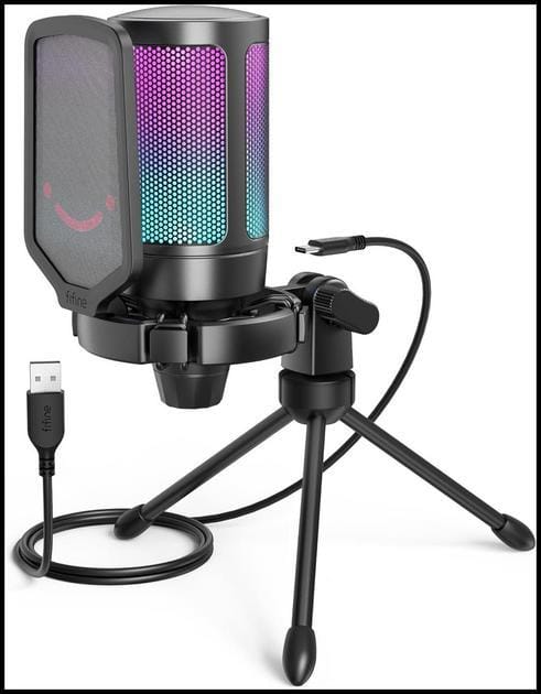 FIFINE Microfone USB Para Jogos Para PS5 PC, Microfone Condensador Com Mudo Rápido, Indicador RGB, Suporte De Tripé, Pop Filter, Suporte De Choque, Controle De Ganho Para Twitch Podcasts -A6V
