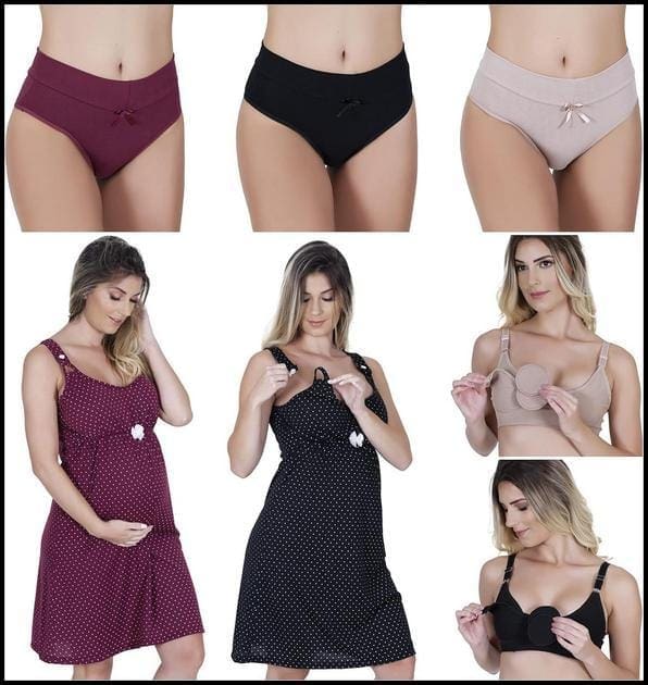 Genérico Kit Maternidade: 2 Camisolas de Amamentação com Abertura na Alça + 3 Calcinhas Pós Parto + 2 Sutiãs de Amamentação