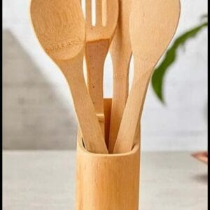 Jogo de Colheres de Bambu com Suporte 5 Peças Anti Fungos Casa Cozinha Colheres