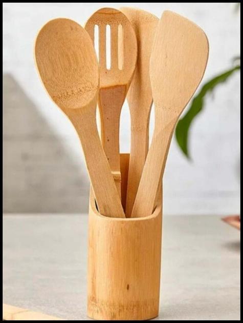 Jogo de Colheres de Bambu com Suporte 5 Peças Anti Fungos Casa Cozinha Colheres