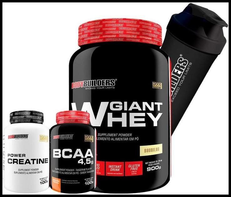 Kit Giant Whey 900g + BCAA 4,5 100g + Power Creatina 100g + Coqueteleira – Bodybuilders Sabor: Baunilha