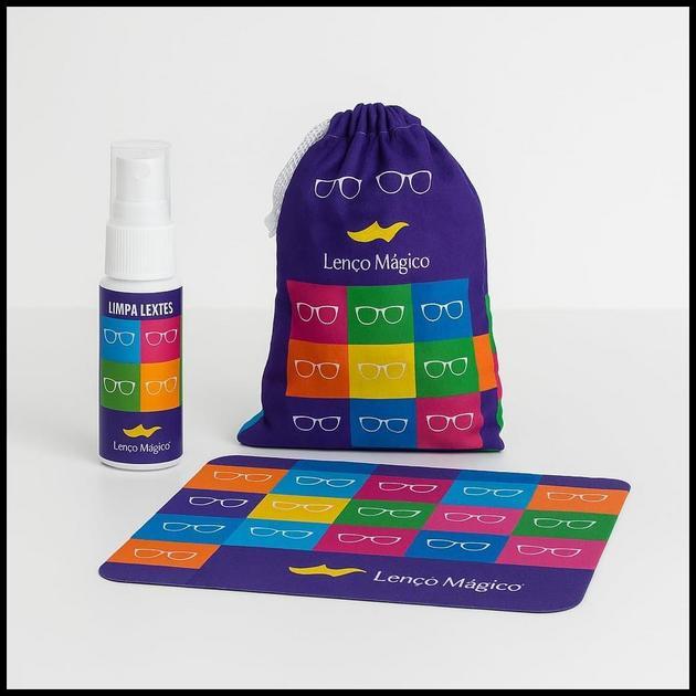 Lenço Mágico - Kit Limpeza Óculos Lenço Mágico Com Spray Eco 20ml c/ 290 aplicações, Flanela Microfibra 10x15cm e Saquinho Sustentável Portátil Limpa Óculos de Grau, Escuro, Telas e Eletrônicos