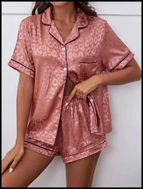 LuxeNights Conjunto de Pijama com Blusa de Cetim com Piping Contrastante em Jacquard de Estampa de Onça e Shorts