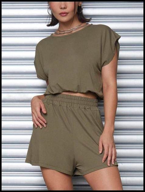 SHEIN CONJUNTO SHORTS E TOP CROPPED COM MANGA CURTA ELASTICO NO CÓS VERDE FEMININO