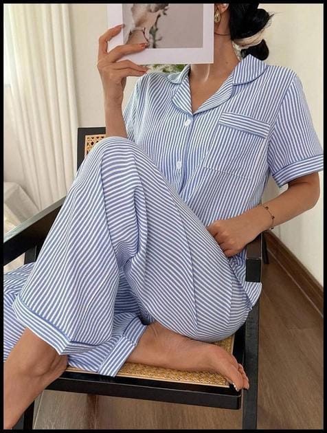 SHEIN Conjunto de Pijama Curto de Manga Curta e Calça Longa Listrado