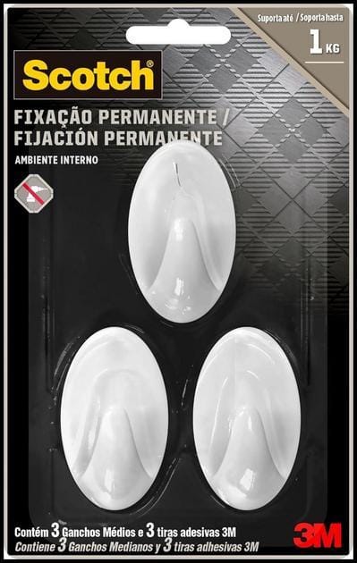 Scotch, 3M, Gancho Adesivo, Fixação Permanente, Sem Furos, Branco, 3 unidades