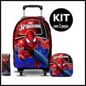 kit mochila escolar infantil homem aranha lancheira e estojo com rodinhas