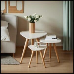 Kit Trio Jogo de Mesinhas Lateral Sala Pé Palito Retro Tampo Orgânico