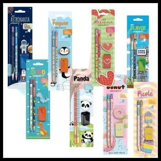 Kit Escolar 4 Peças Lapis Apontador Borracha Pets Donuts Astronauta Picolé Game Dino Leo&Leo