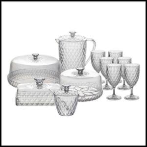 Kit Mesa Posta Glamour com 11 Itens Café da Manhã Jarra Queijeira Manteigueira Açucareiro Boleira