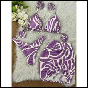 Conjunto Biquíni Cortininha + Saia | Look Feminino Praia Verão Colorido Roxo Lilás