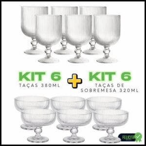 Jogo 6 Taças 380ml Vidro Ou 6 Taças de Sobremesa Vidro Grosso Canelada Elegante Agua Vinho
