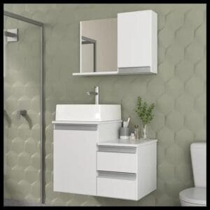 Conjunto Gabinete Banheiro CROSS 60cm - Gabinete + Cuba + Espelheira - MOVEIS JOIA